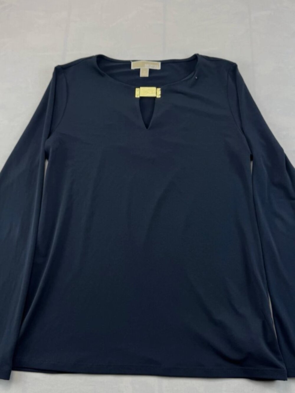 Michael Kors Navy Blue Long Sleeve Top with Gold Logo Buckle-Size Medium